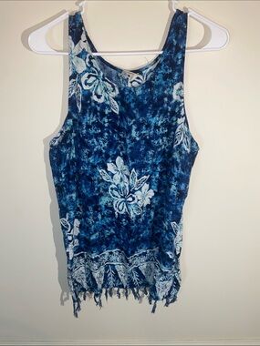 Vintage Beach Cabana Blue Floral Tropical Dress Size M